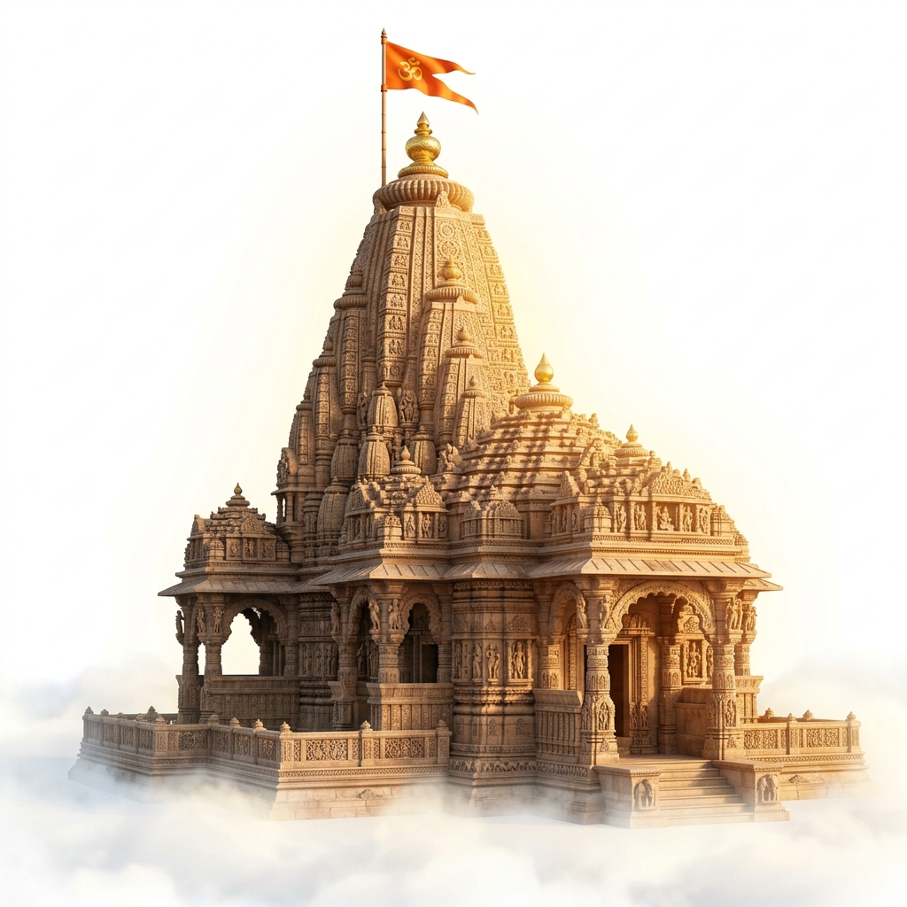 Temple shikhara against a warm evening sky